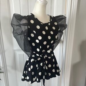 Black and White Polka Dot High-Low Blouse with Sheer Puff Sleeves (size small)